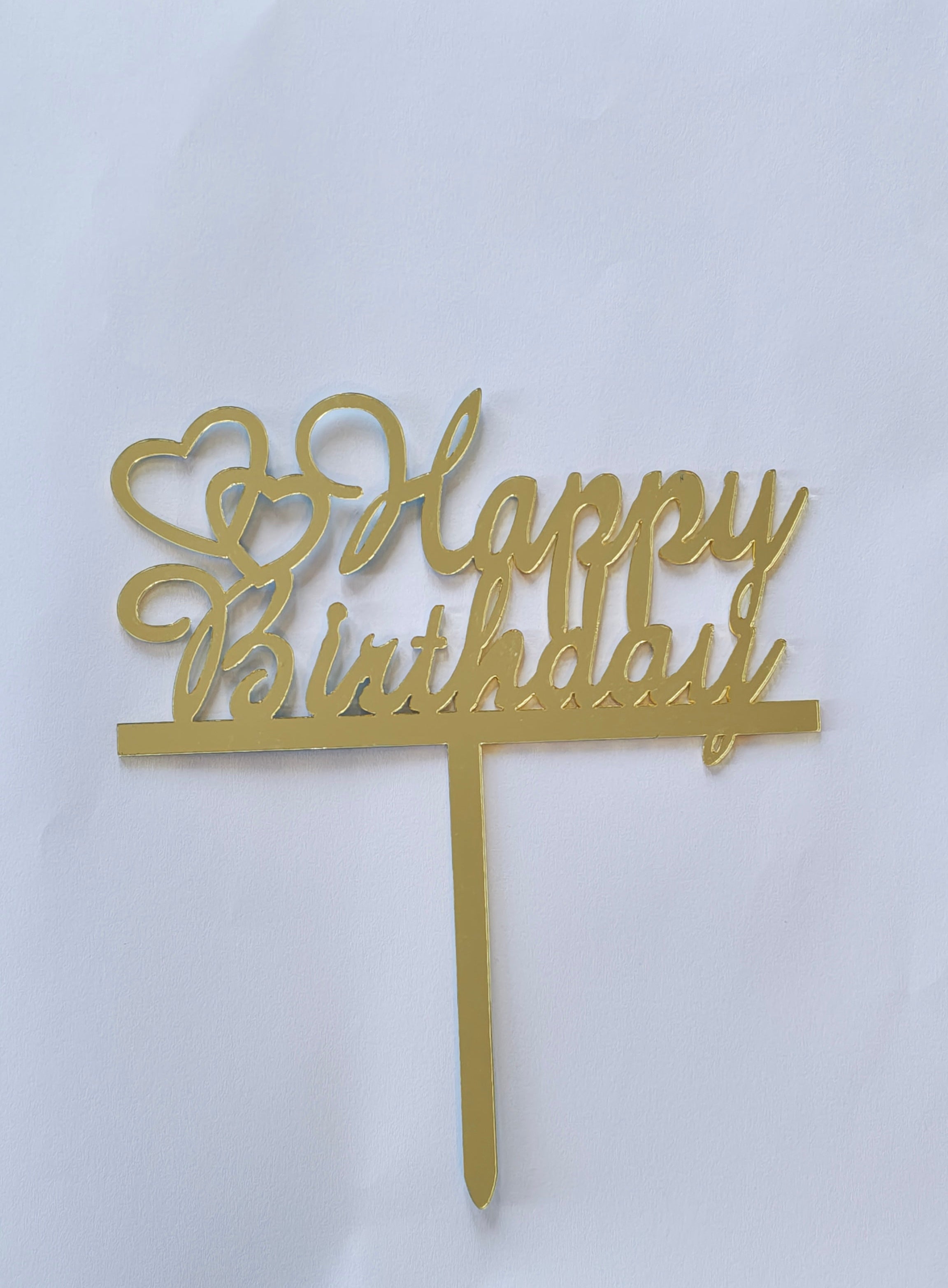 Insert pentru tort – Happy Birthday, plexiglas oglindă auriu cu inimioare