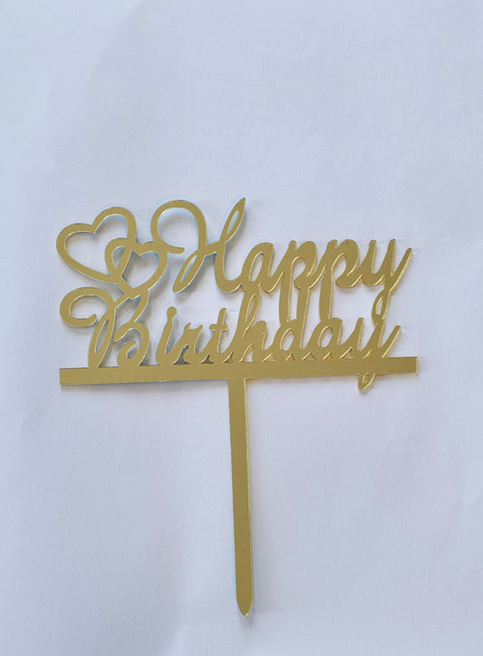 Insert pentru tort – Happy Birthday, plexiglas oglindă auriu cu inimioare