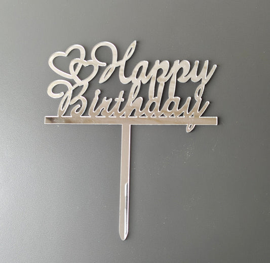 Insert pentru tort – Happy Birthday, plexiglas oglindă argintiu cu inimioare