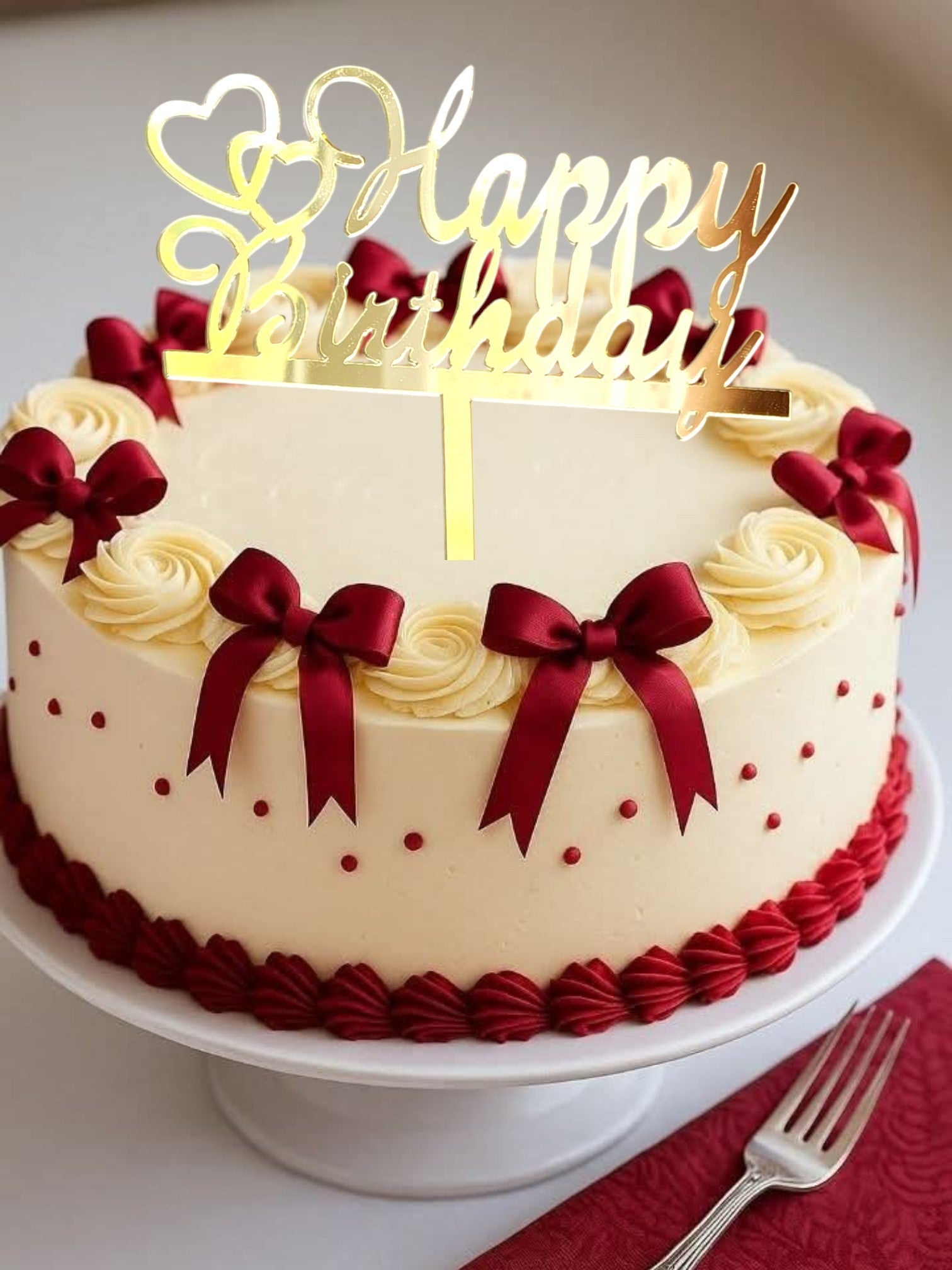 Insert pentru tort – Happy Birthday, plexiglas oglindă auriu cu inimioare