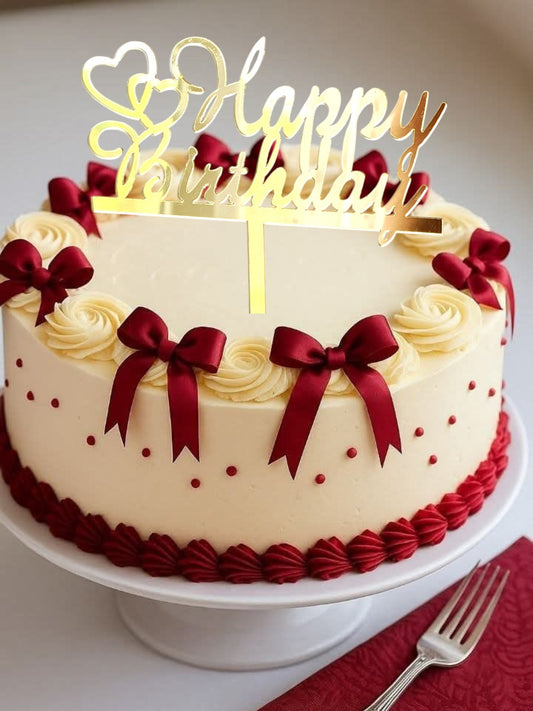 Insert pentru tort – Happy Birthday, plexiglas oglindă auriu cu inimioare