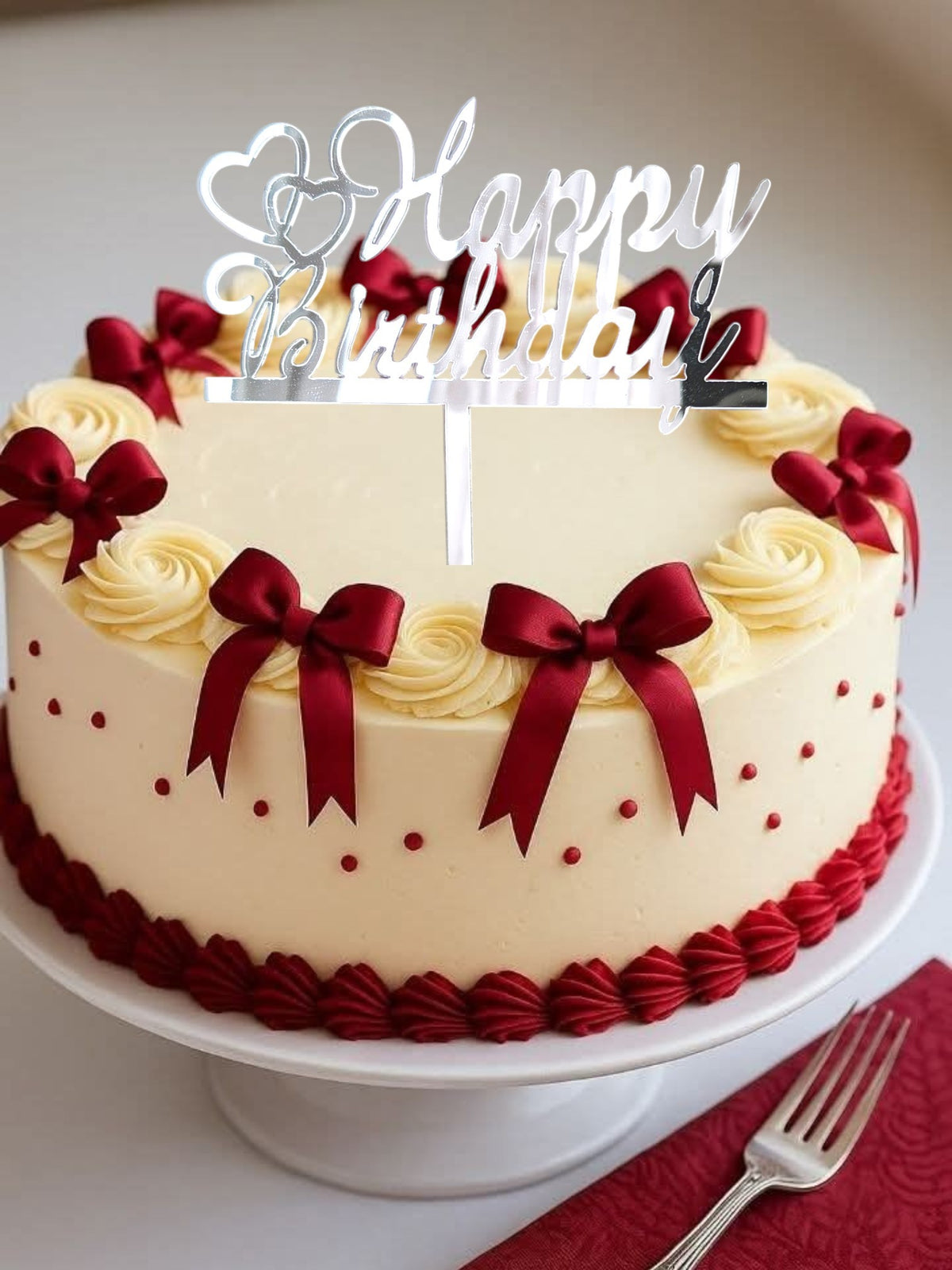 Insert pentru tort – Happy Birthday, plexiglas oglindă argintiu cu inimioare